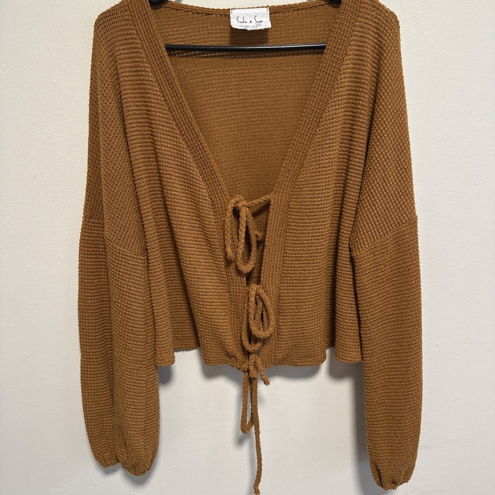 Sadie & Sage Women's Tie Front Sweater Long Sleeve Brown Sz Large